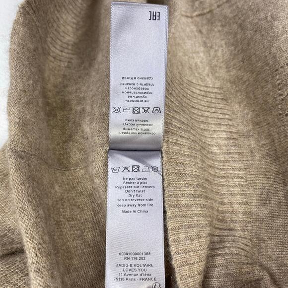 Zadig & Voltaire Vivi WS Gold Star Elbow Patch Cashmere Sweater M Oatmeal Deep V - Picture 11 of 13